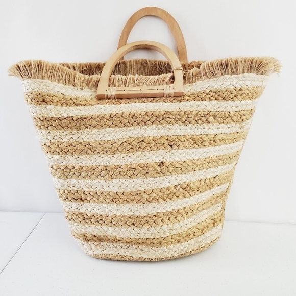 Antik Kraft Striped Jute Tote Ivory Large Beach Coastal Wood Handle Bag NEW - Picture 11 of 14